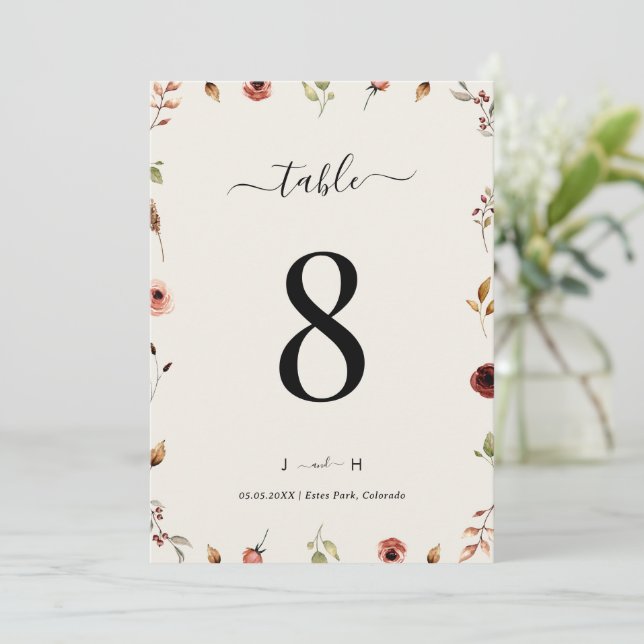 Número de mesa de boda rústica boho con flores sil (Anverso de pie)