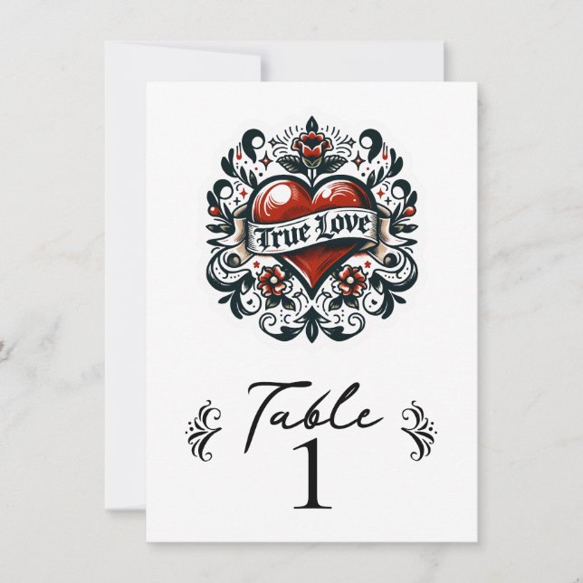 Número de Mesa de Boda Tatuaje de Corazón de Amor  (Anverso)