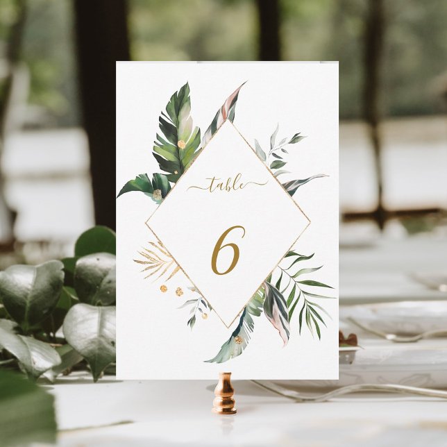 Número de mesa de boda tropical dorado 5x7 (Subido por el creador)