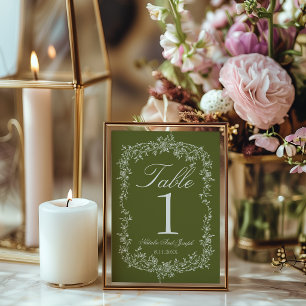 Número de mesa de boda verde oliva floral elegante
