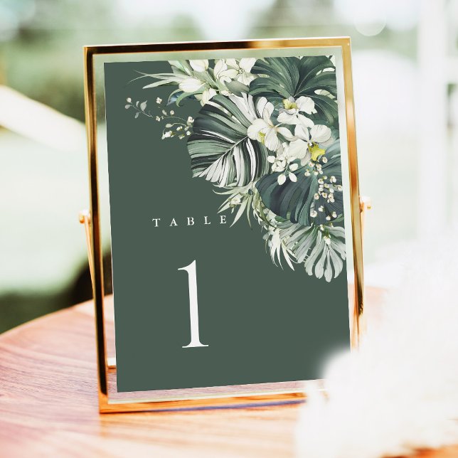 Número de mesa de boda verde sage tropical, Monste (Tropical wedding table number card, sage green monstera reception decor, gold frame table numbers)