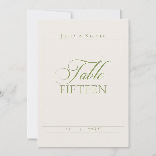 Número de mesa de caligrafía verde marfil clásico (Anverso)