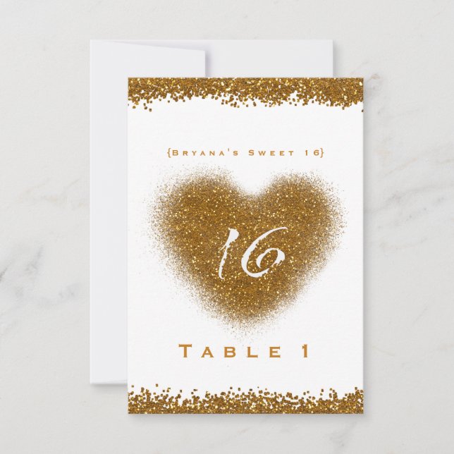 Número de mesa de corazón Sweet 16 con brillo dora (Anverso)