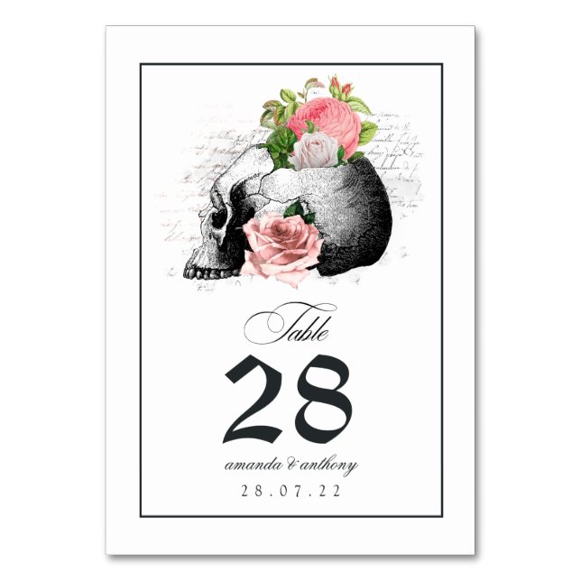 Número de mesa de cráneo gótico floral rosa (Anverso)