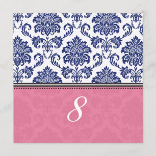 Número de mesa de damasco azul real y rosa