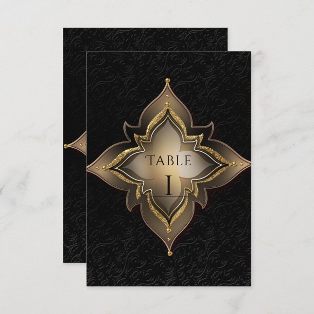 Número de mesa de fiesta exótico chic negro dorado (Anverso / Reverso)