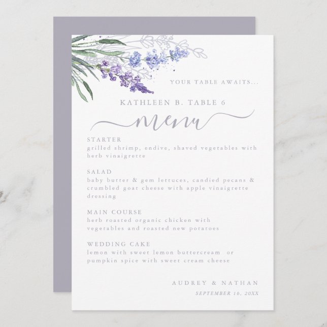 Número de mesa de flor de lavanda menú de boda (Anverso / Reverso)