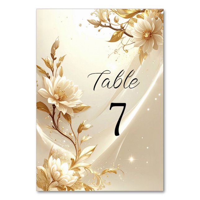 Número de mesa de flores blancas y doradas (Anverso)