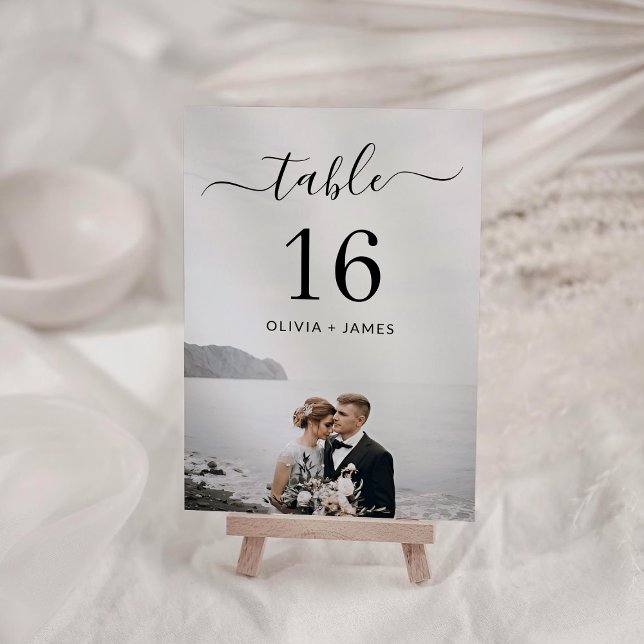 Número de mesa de foto de boda con caligrafía mode (Modern Calligraphy Wedding Photo Table Number)
