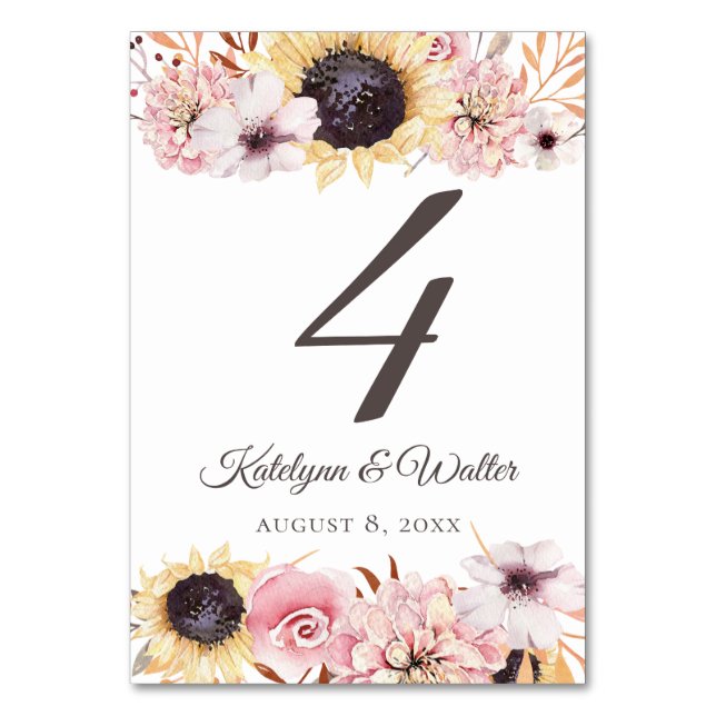 Número de mesa de los girasoles Bouquet Boda (Anverso)
