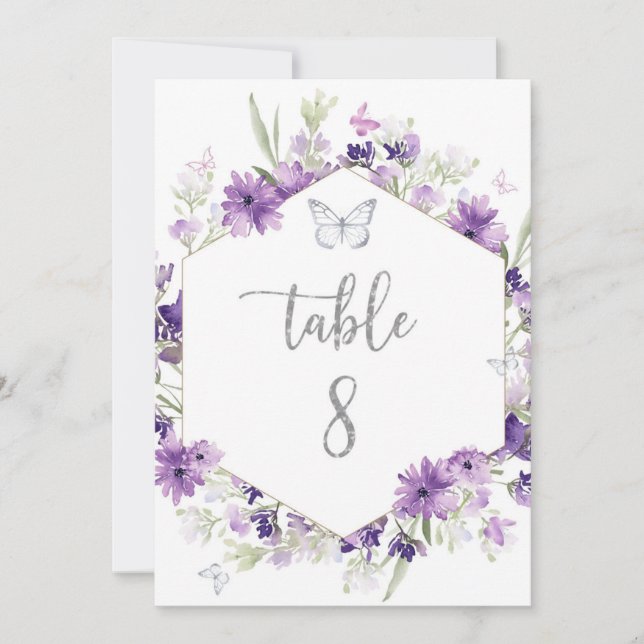 Número de mesa de mariposa de plata floral púrpura (Anverso)