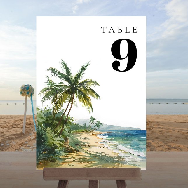 Número de mesa de playa tropical de acuarela moder (Modern Watercolor Tropical Beach Table Number)