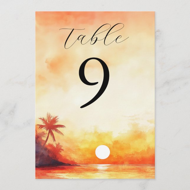 Número de mesa de puesta de sol tropical en acuare (Anverso)