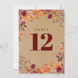 Número de mesa floral acuarela otoño rústico