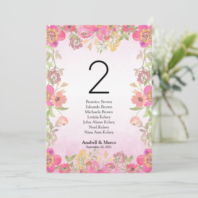 Número de mesa floral acuarela rosa 5"x7" (Anverso de pie)