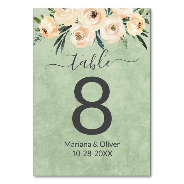 Número de mesa Floral Beige Blush Sage Verde (Anverso)