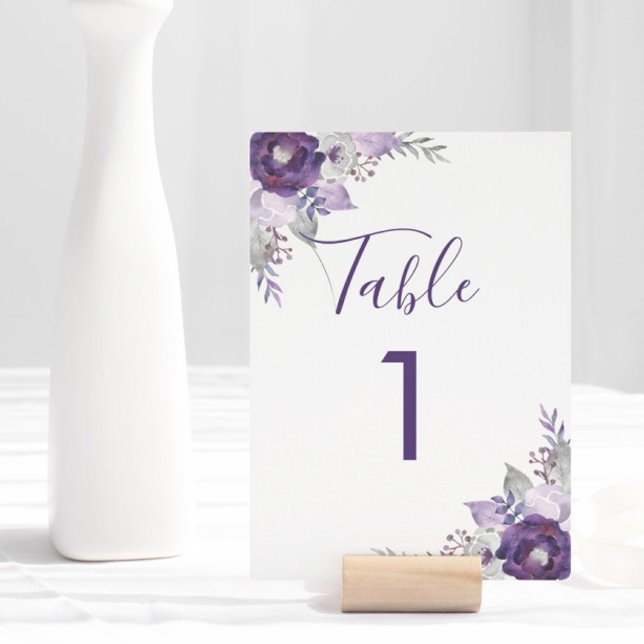 Número de mesa floral de acuarela plateada y púrpu (Purple and Silver Watercolor Floral Table Number)