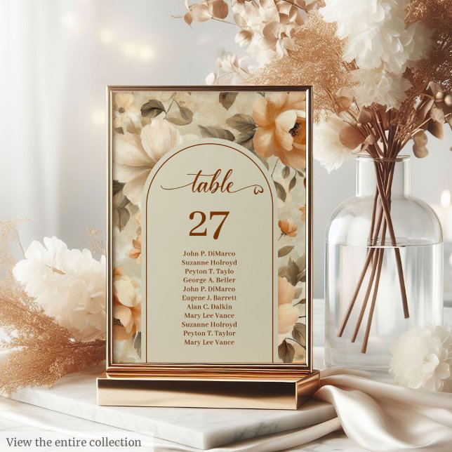 Número de mesa floral de cobre boho de moda con ma (Trendy Boho Copper Ivory Olive Floral Table Number)