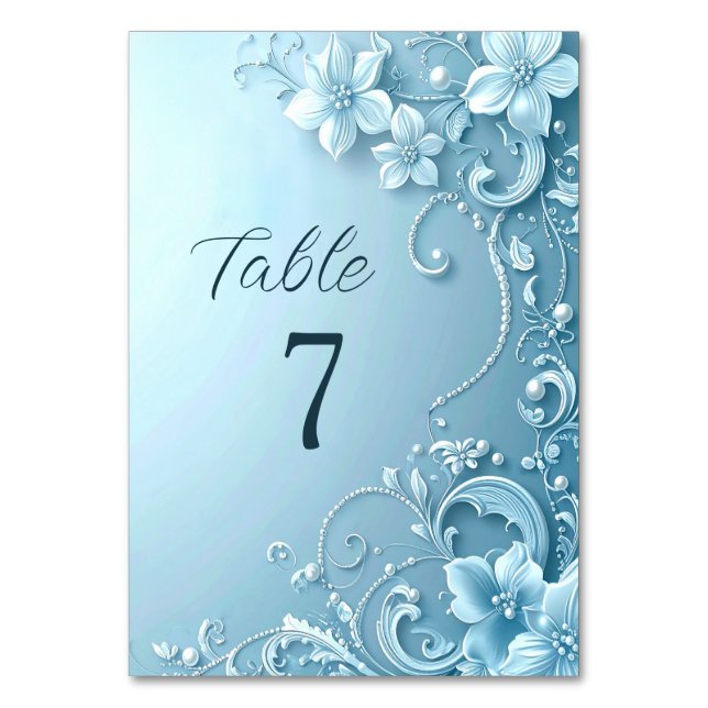 Número de mesa floral decorativo azul (Anverso)
