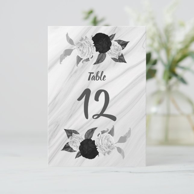 Número de mesa floral en blanco y negro romántico (Anverso de pie)