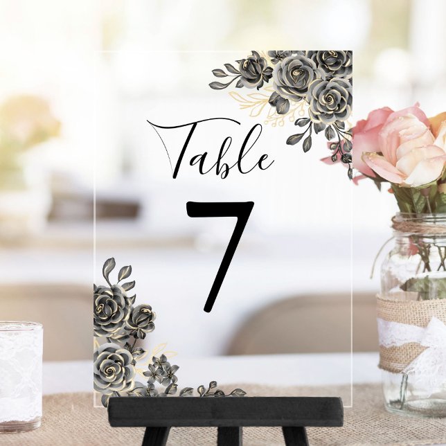 Número de mesa floral gótico de oro y negro (Black And Gold Gothic Floral Table Number)