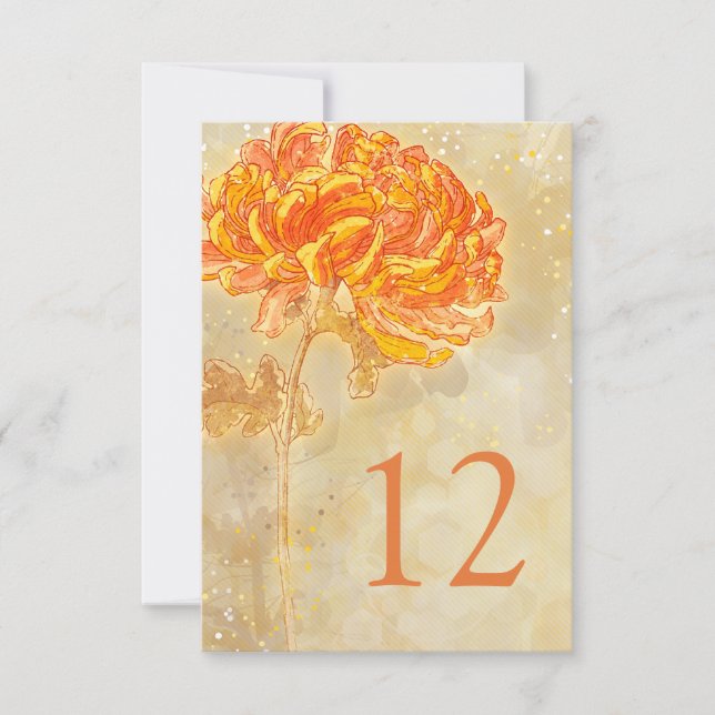 Número de Mesa Floral Naranja Crisantemo para Boda (Anverso)