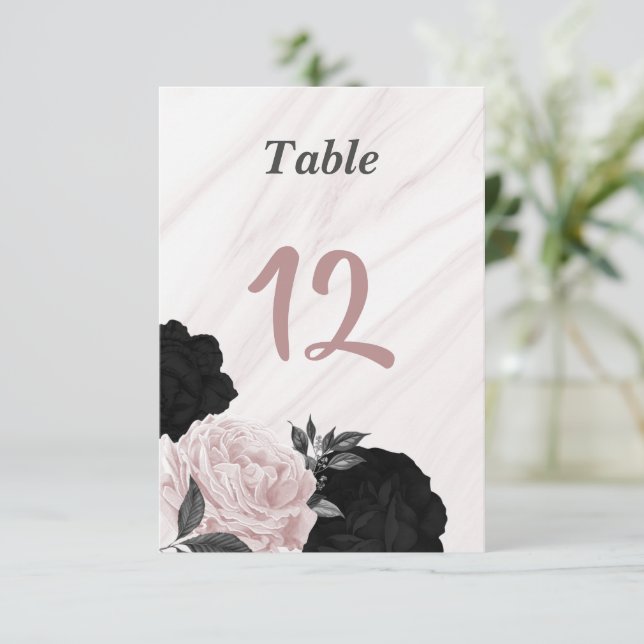 Número de mesa floral negro y rosa romántico (Anverso de pie)