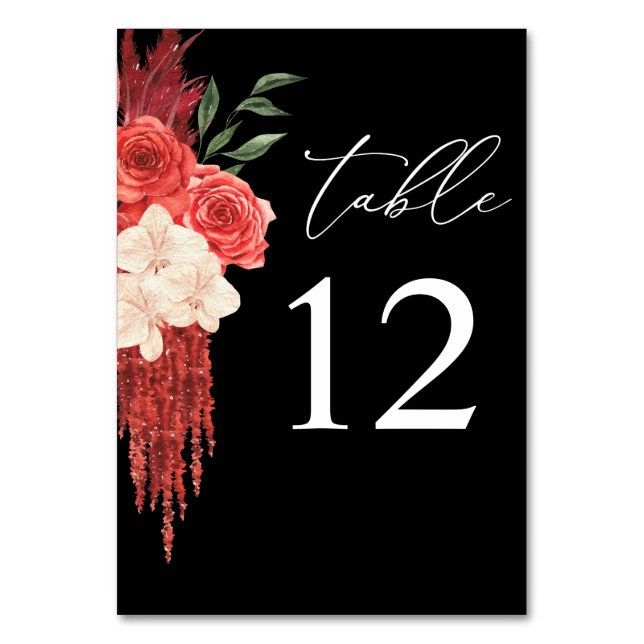 Número de mesa floral rojo - Negro (Anverso)