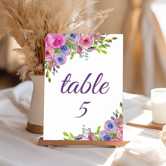 Número de mesa floral rosa púrpura (Pink and purple watercolor floral special event table number template)