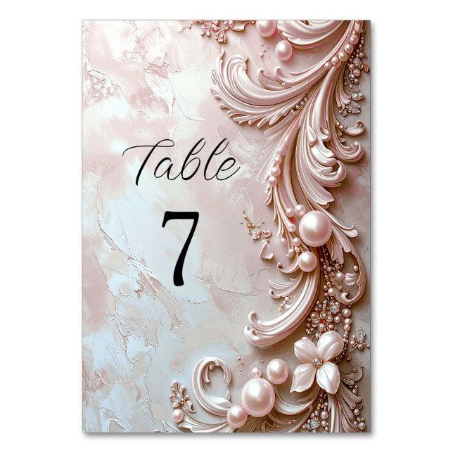 Número de mesa floral y perla ornamentada rosa (Anverso)