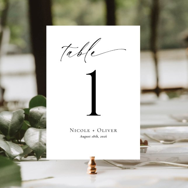 Número de Mesa Minimalista en Blanco y Negro (Black and White Wedding Modern Script Table Number)