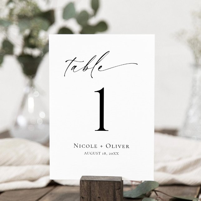 Número de Mesa Minimalista en Blanco y Negro (Whimsical Script Table Number Card)
