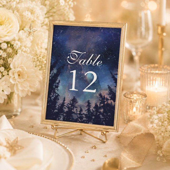 Número de mesa para boda celestial Bosque Nocturno (Starry Night Forest Celestial Wedding Table Number on a celestial wedding table)