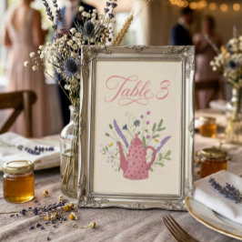 Número de mesa para té de boda de tetera rosa capr