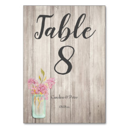 Número de mesa rústico de boda con florero de maso