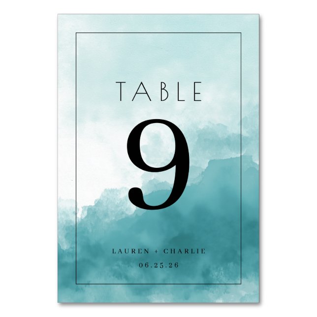 Número de Mesa Sereno Acuarela Azul Teal (Anverso)