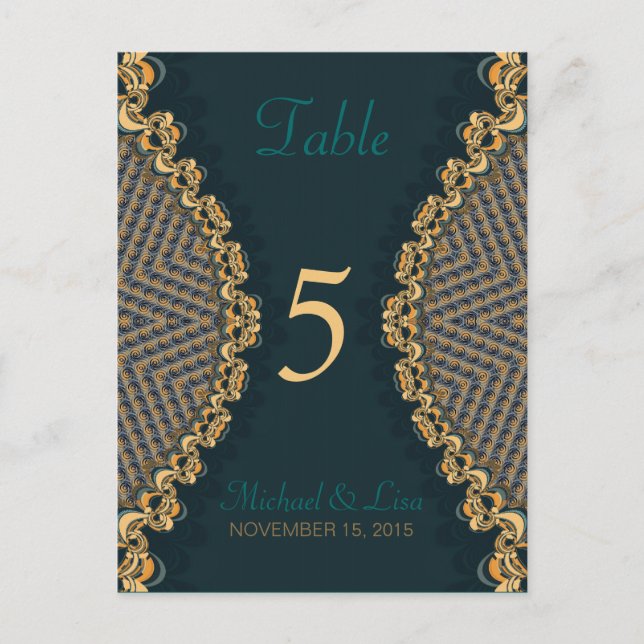 Número de mesa y menú de invitado de encaje teal+d (Anverso)