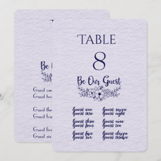 Número de mesa y tarjeta de asiento lila y azul ma