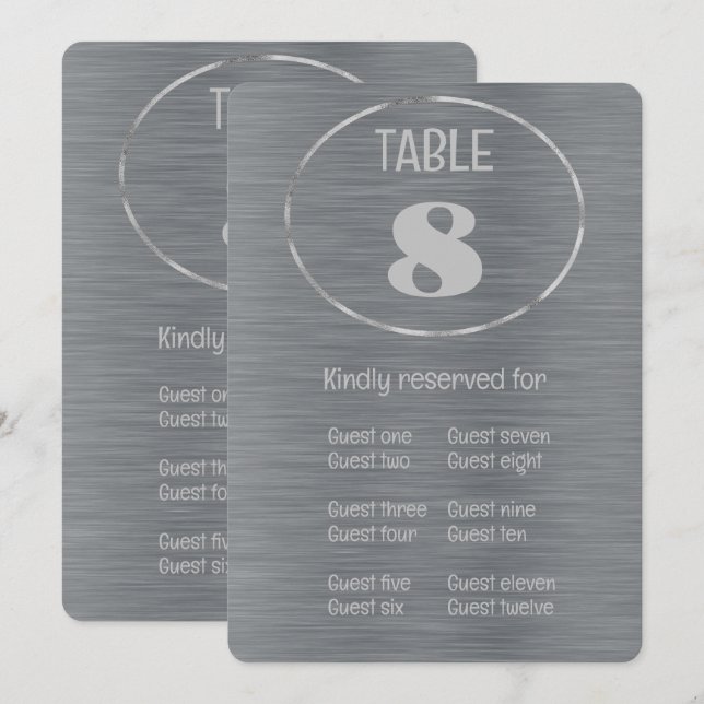 Número de mesa y tarjeta de lugar Gris Plateado (Anverso / Reverso)