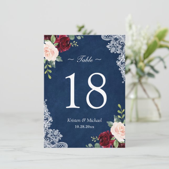 Número de tabla de Boda azul de la Marina Floral d (Anverso de pie)