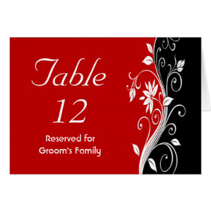 Número de tabla de Boda floral rojo blanco y negro