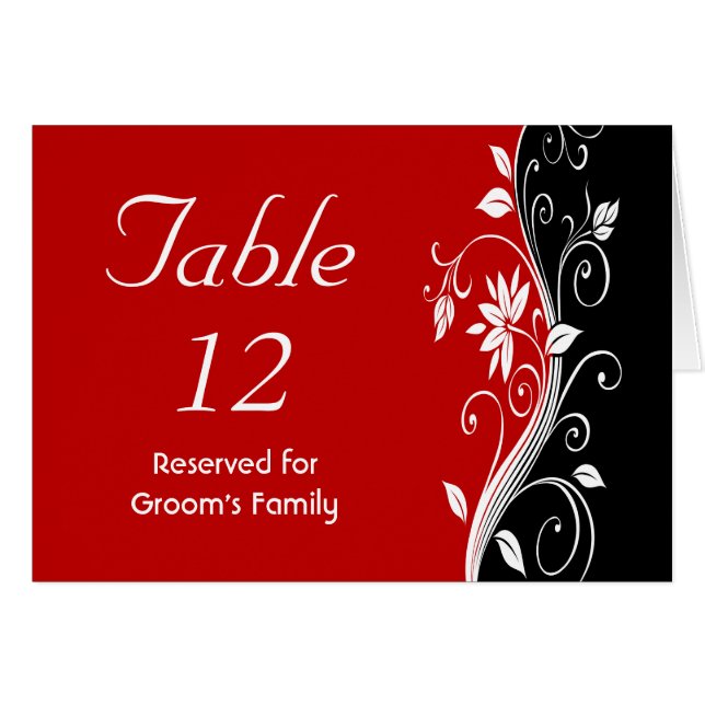 Número de tabla de Boda floral rojo blanco y negro (Anverso (Horizontal))