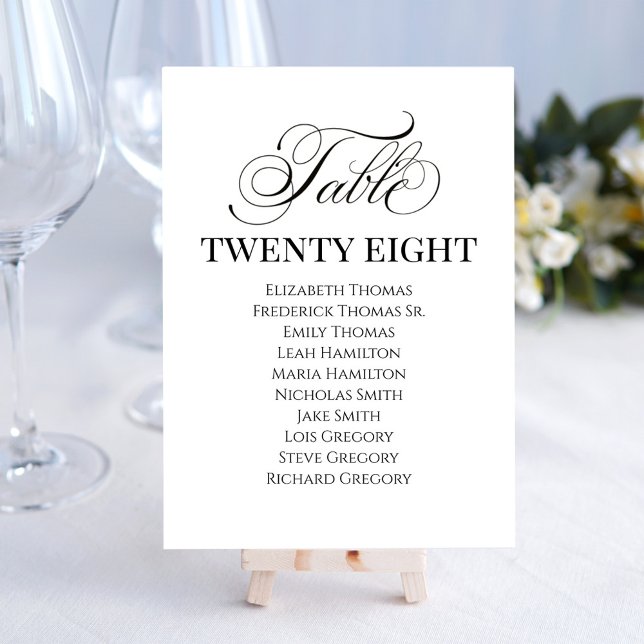 Número de tabla de guión de caligrafía elegante de (Elegant calligraphy script table number card with simple black and white design. )