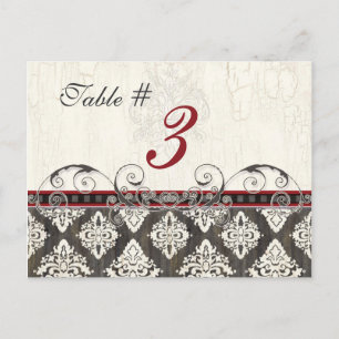 Número de tarjeta de la mesa roja de Damask blanca