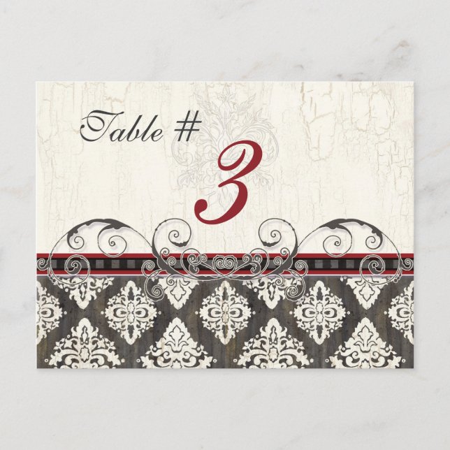 Número de tarjeta de la mesa roja de Damask blanca (Anverso)