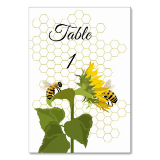 Número de tarjeta de mesa de abejas y flores
