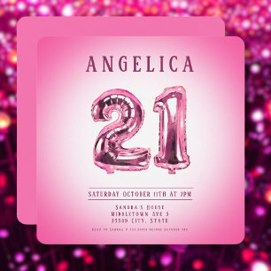 Número Rosado Globos Invitación a cumpleaños 21