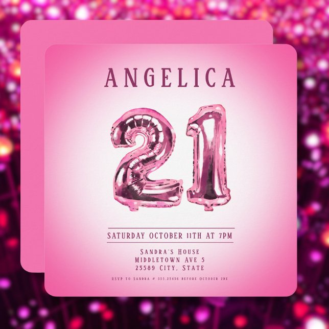 Número Rosado Globos Invitación a cumpleaños 21 (Subido por el creador)