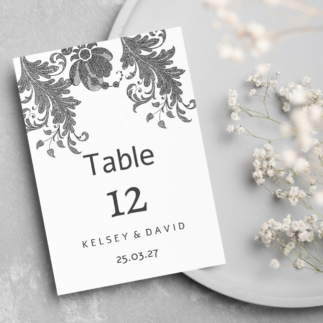 Números de mesa con encaje floral de purpurina neg (Chic black white glitter floral lace Table Numbers)