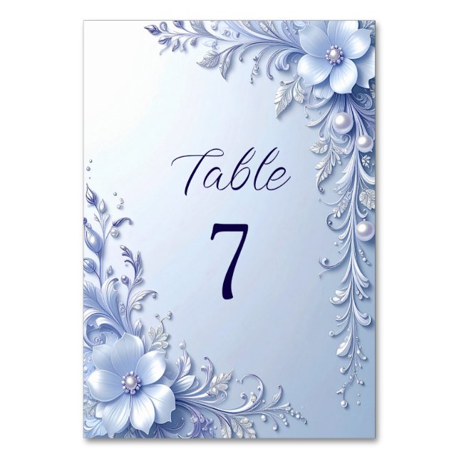 Números de Mesa con Flores Azules Ornamentadas con (Anverso)